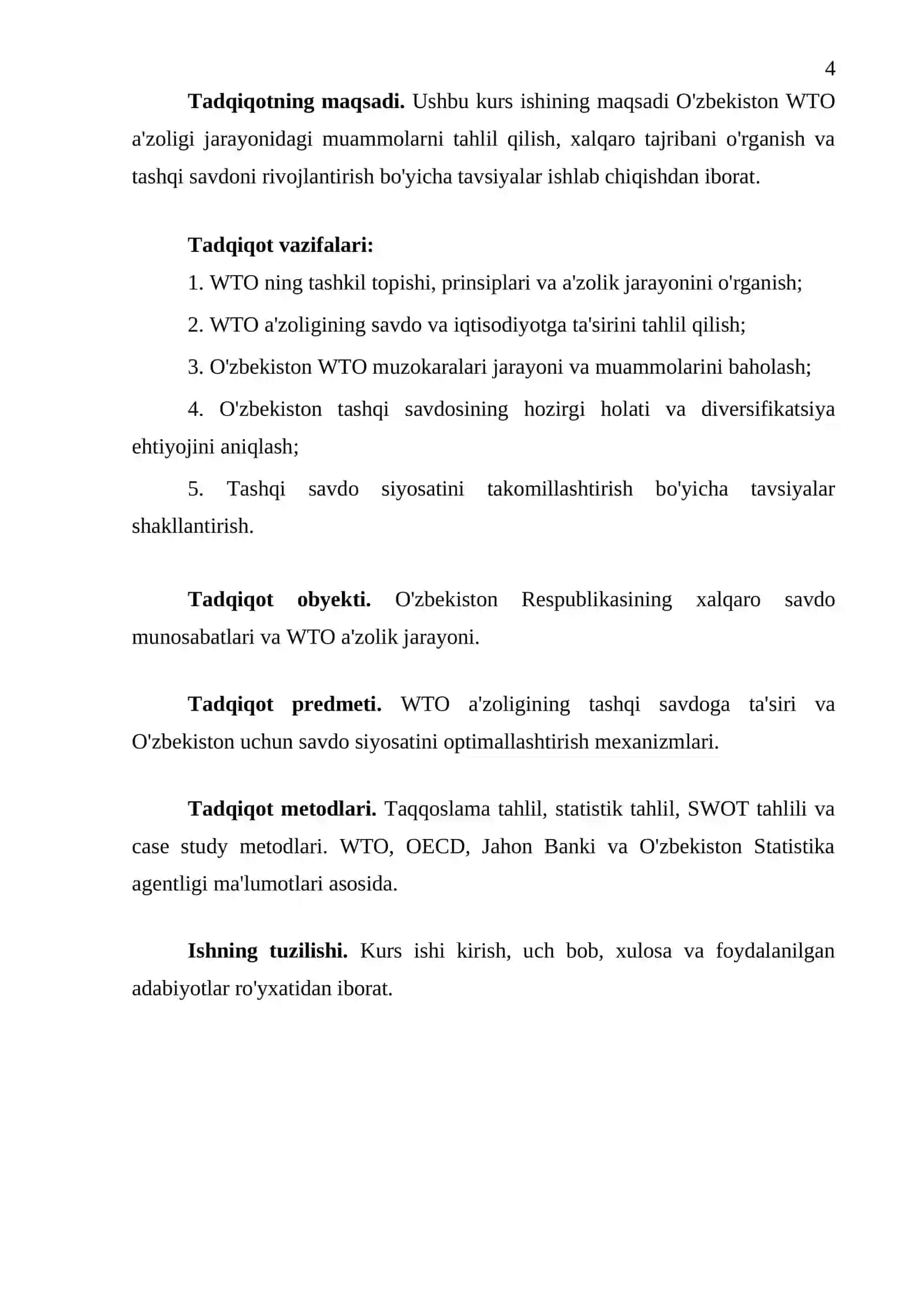 "Tashqi savdo aloqalarini rivojlantirishda WTO a'zoligi muammolari" 4