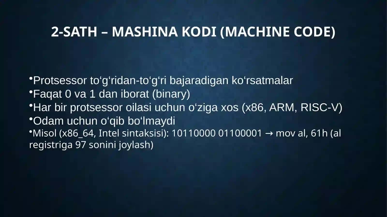 Dasturiy taqdimot sathi, mashina kodi, mnemakod va dasturlash tillari. 4