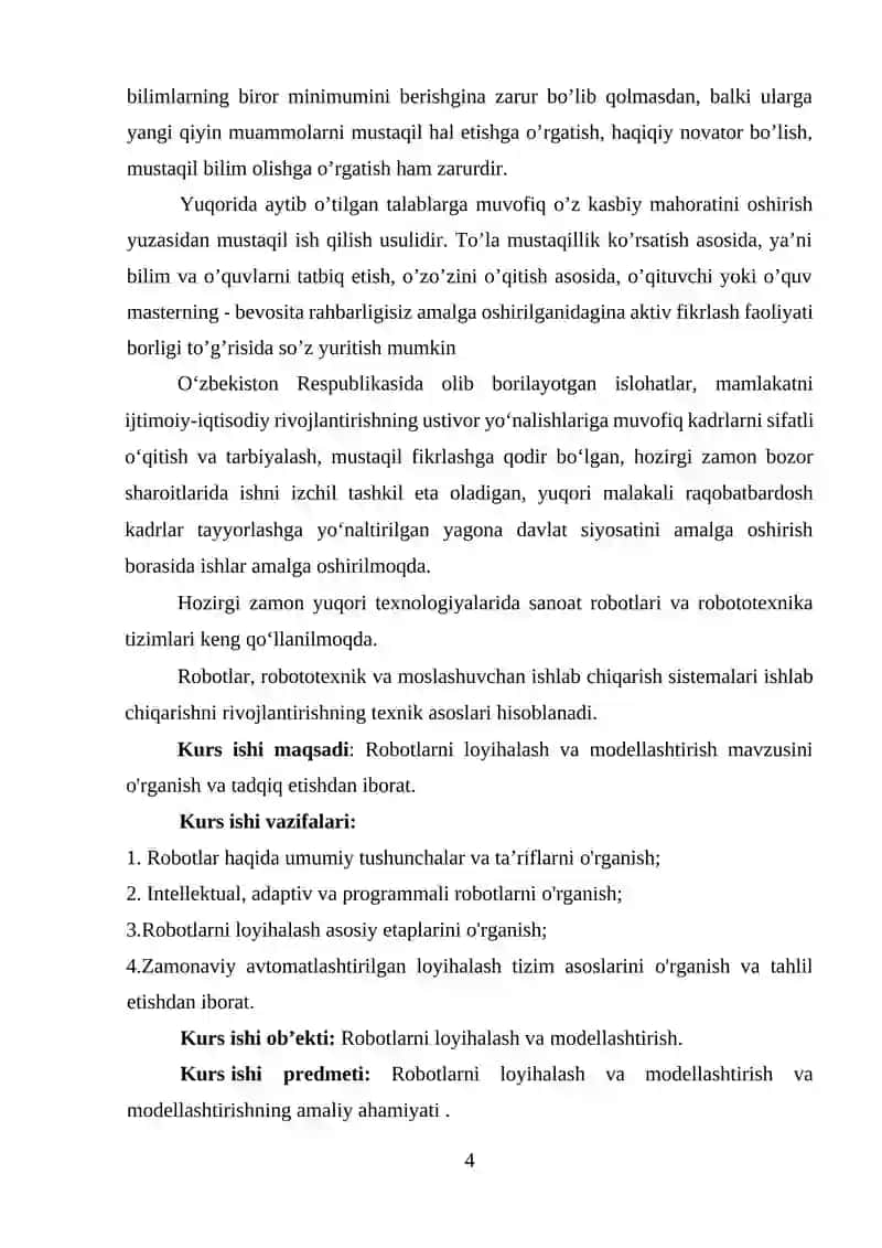 KURS ISHI: ROBOTLARNI LOYIHALASH VA MODELLASHTIRISH 4