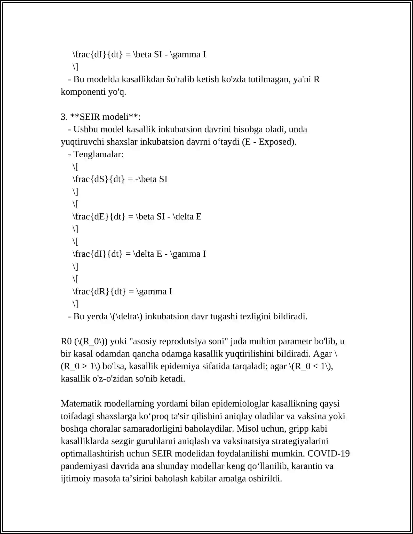 TIBBIY BIOLOGIK MAVZUDAGI DIFFERENSIAL TENGLAMALARNI TUZISH VA YECHISH. TIBBIYOT BIOLOGIYA VA FARMATSIYANING AMALIY MASALALARINI OCHIB BERISH 4