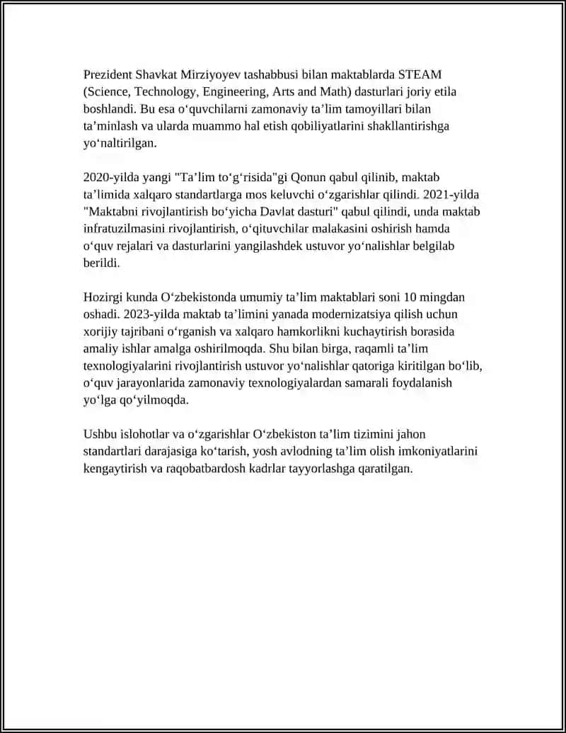 O'ZBEKISTON RESPUBLIKASIDA MAKTAB TALIMI TIZIMIDA AMALGA OSHIRILAYOTGAN ISLOXOTLAR REFERAT 4