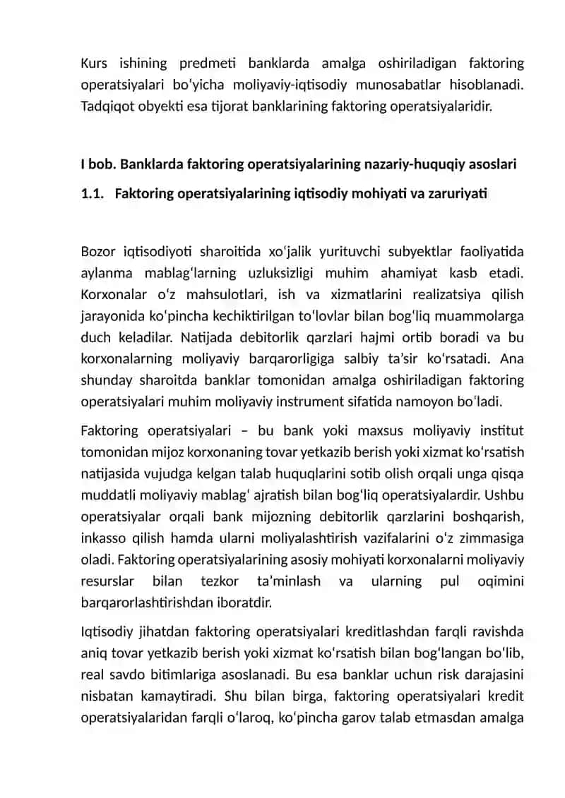 Banklarda faktoring operatsiyalari mohiyati, ularni rasmiylashtirish, nazorat qilish va hisobi. 4