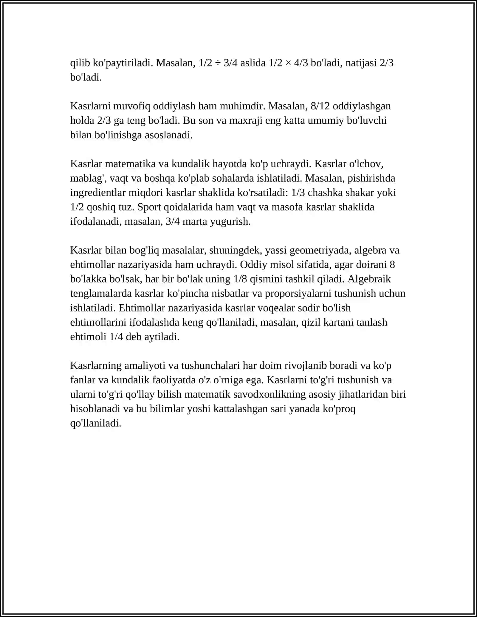 MATEMATIKANING AMALIY TADBIQLARI-KASRLAR,FOIZLAR,NISBATLAR,NOMA'LUM HADNI TOPISHGA DOIR MASALALAR YECHISH 4