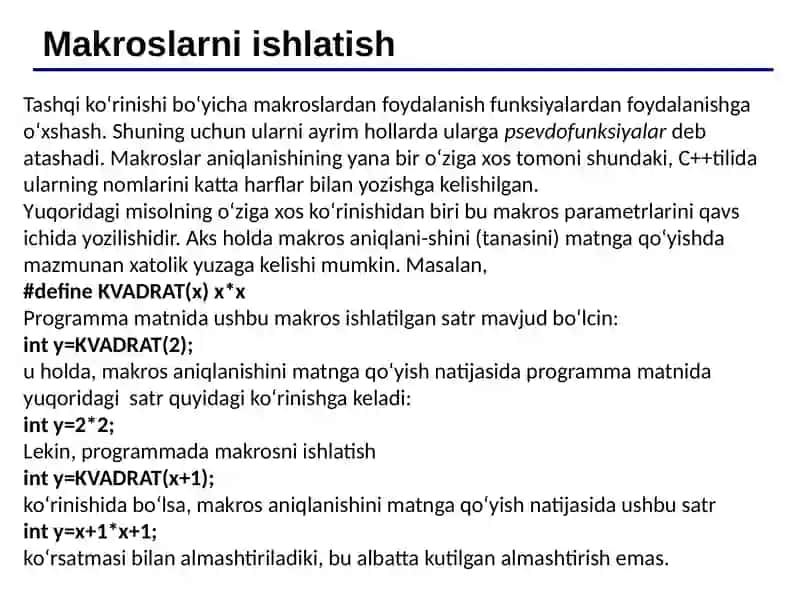 Preprotsessor direktivalari. Makroslarni aniqlash va joylashtirish. 4