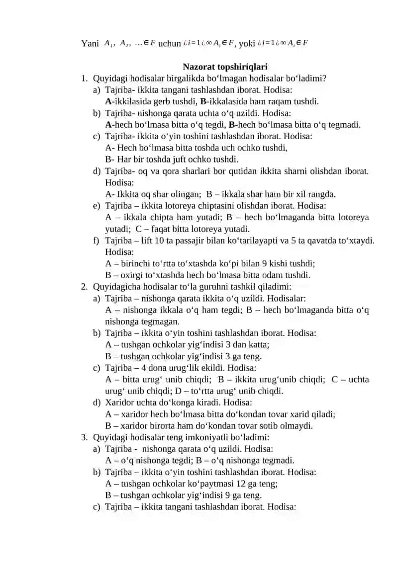 HODISALAR TURLARI. TASODIFIY HODISA. HODISALAR USTIDA AMALLAR. ELEMENTAR HODISALAR FAZOSI. EHTIMOOLLIKNING KLASSIK, STATISTIK, GEOMETRIK TAʻRIFLARI. KOLMOGOROV AKSIOMALARI 4