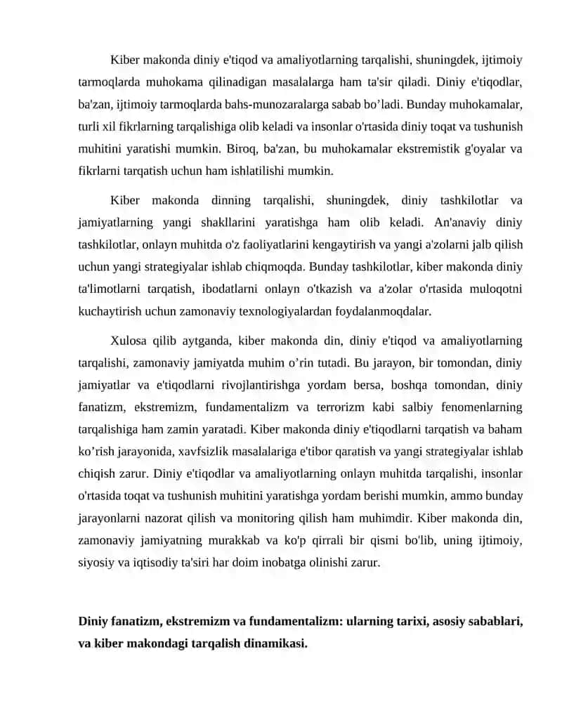 Kiber makonda din. Diniy fanatizm, ekstremizm, fundamentalizm,terrorizmning tarixi va ularning hozirgi davrda xavfsizlikga tahdidi 4