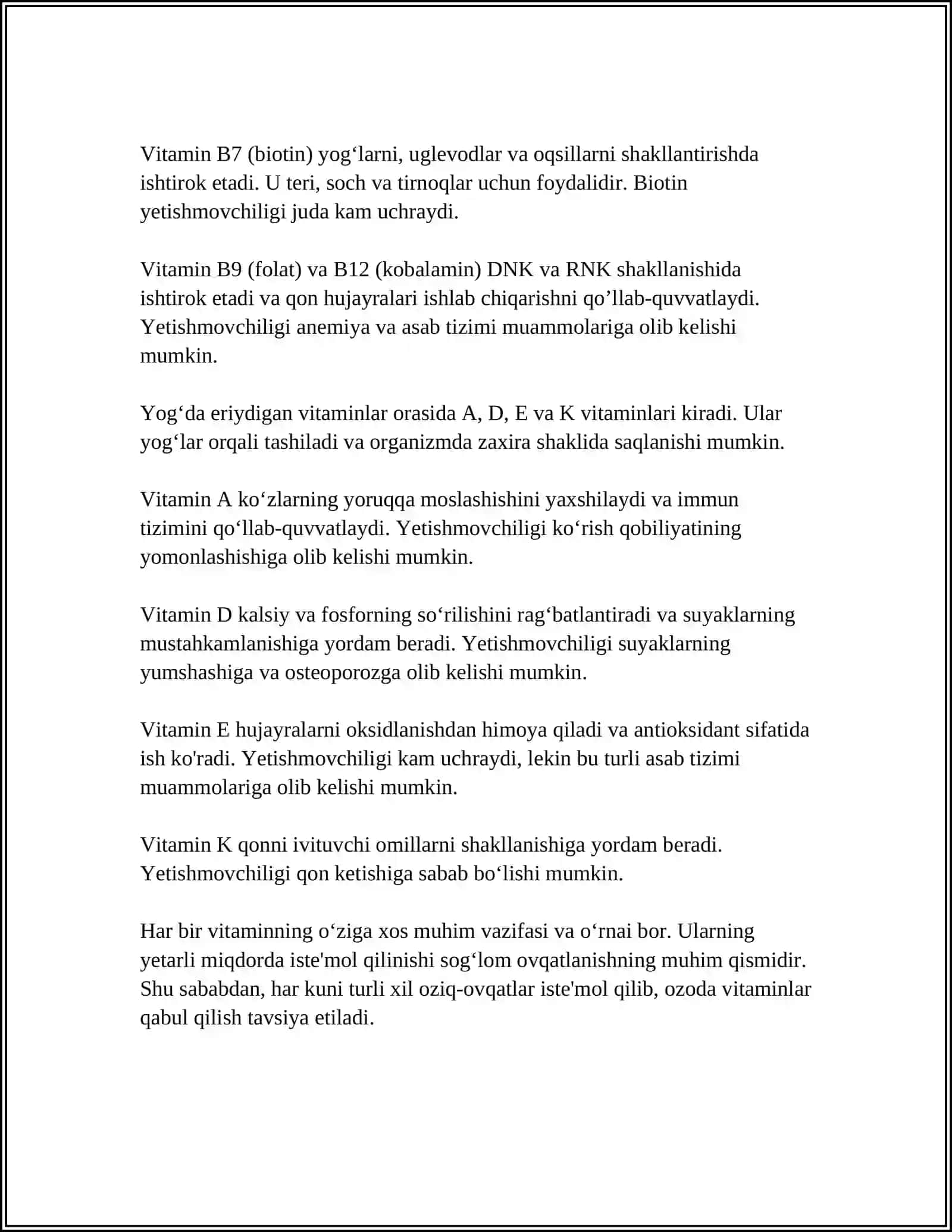 VITAMINLARNING OVQATLANISHDAGI ROLI VA VITAMINLAR ALMASHINUVI KORREKSIYASI.VITAMINLAR TASNIFI.ORGANIZMNING VITAMINLAR BILAN NOADEKVAT TA’MINLANISHI SABABLARI.SUVDA VA YOG’DA ERUVCHI VITAMINLAR.OVQATLANISHDA MIKRO VA MAKROELEMENTLAR ROLI 4