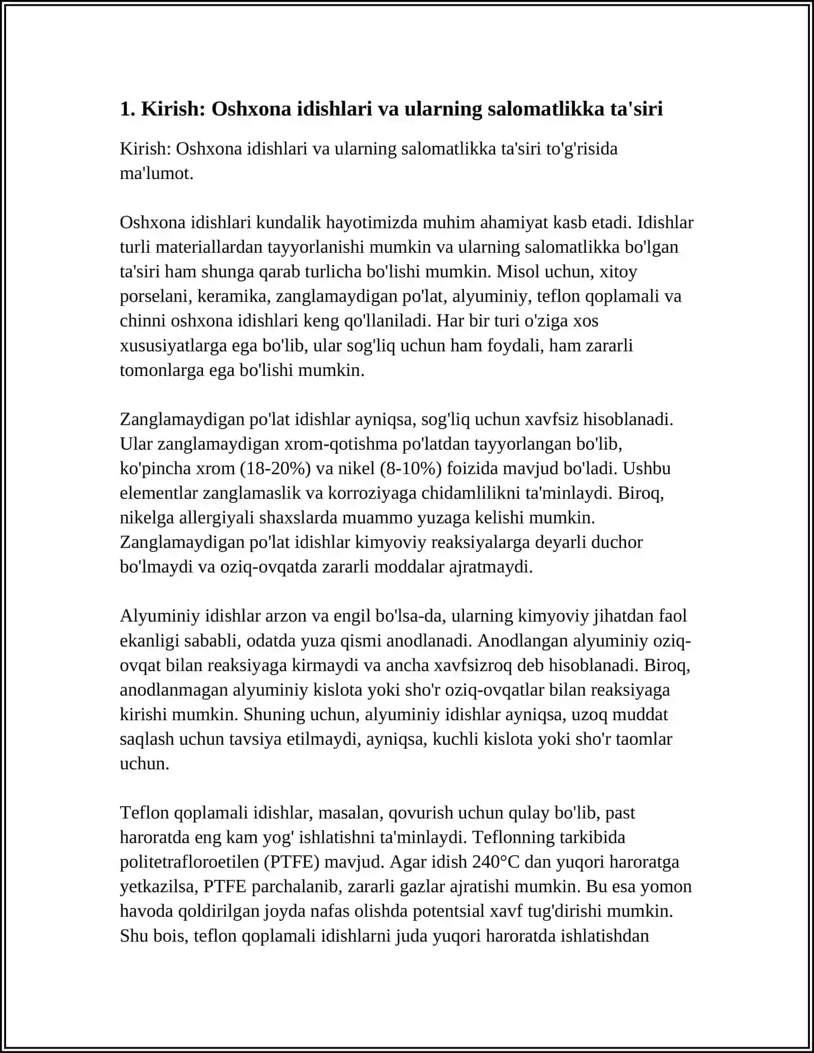 OZIQ-OVQAT MAHSULOTLARI BILAN KONTAKTDA BOʻLADIGAN IDISHLARNING TOKSIK TAʼSIRINI OʻRGANISH 4