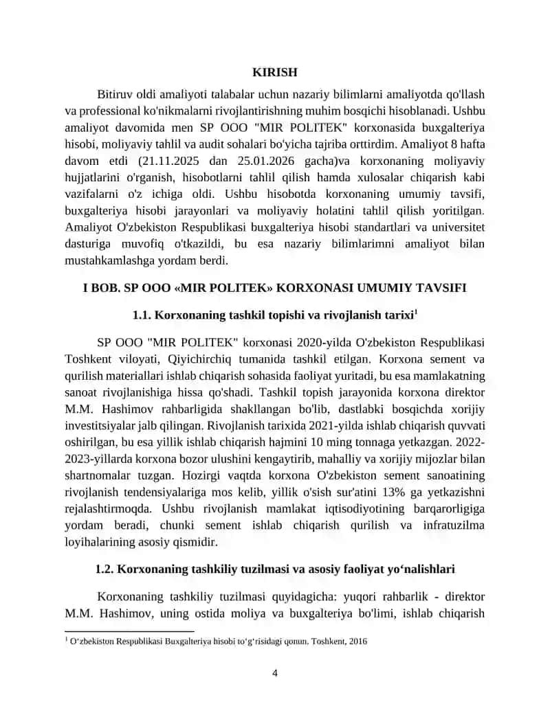 AMALIYOT HISOBOTI. SP OOO «MIR POLITEK» KORXONASI MISOLIDA .(Buxgalteriya boʻlimida) 4