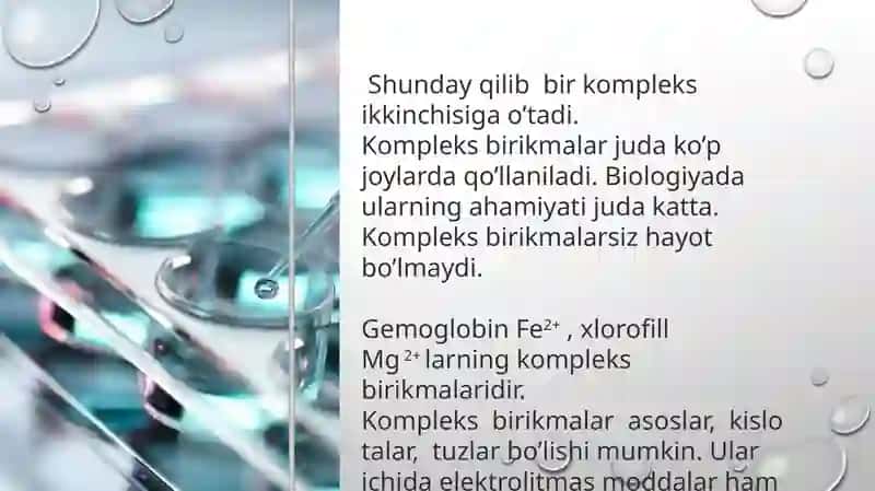 Kompleks birikmalar. Biokompleks birikmalar. Ichki Kompleks birikmalar. Xelatalar 4