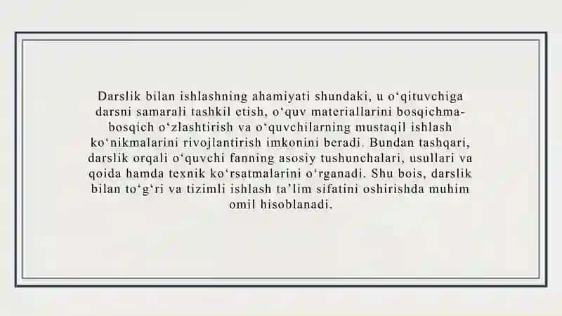 MAVZU:DARSLIK BILAN ISHLASH:
TEXNOLOGIYA DARSLIKLARINI TAHLIL QILISH. 4