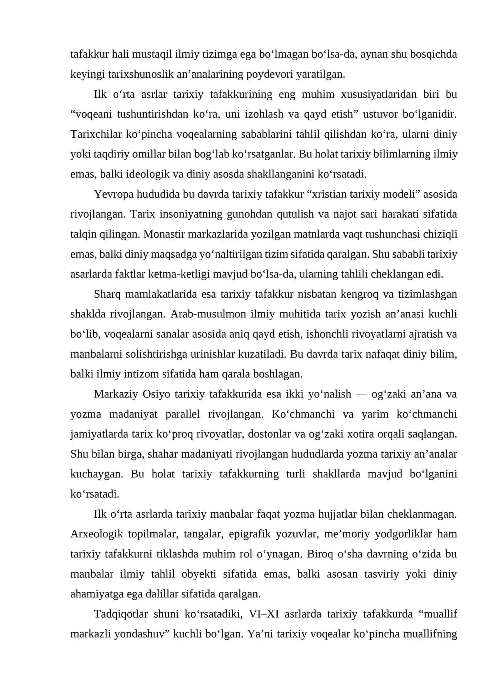 ILK O‘RTA ASRLARDA TARIXIY TAFAKKURNING HOLATI (VI - XI ASR O‘RTALARI) TARIXIGA OID ILMIY TADQIQOTLAR 4