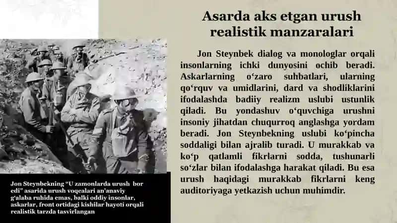 Jon Steynbekning “U zamonlarda urush bor edi” asarida urush haqidagi qarashlari va ularning badiiy ifodasi 4