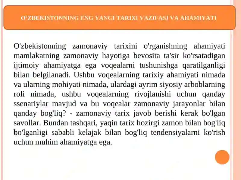 O‘ZBEKISTONNING ENG YANGI TARIXI O‘QUV FANINING PREDMETI 4