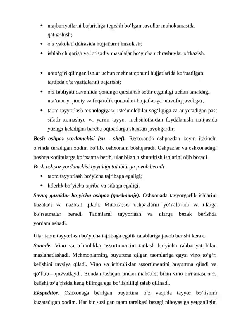 RESTORAN BIZNESIDA XIZMAT KO‘RSATUVCHI XODIMLARNING VAZIFALARI 4