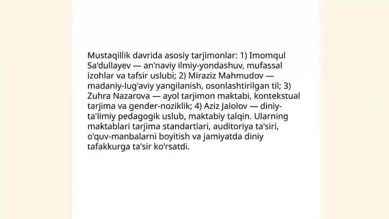 Mustaqillik yillarida Qu'ronning oʻzbek tiliga tarjima qilinishi va tasirlari 4