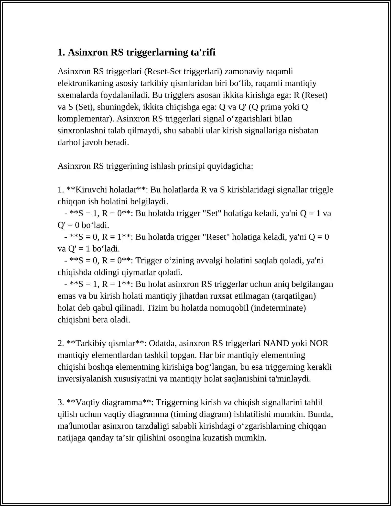ASINXRON RS TRIGGERLAR. FUNKTSIONAL SXEMALARI VA ISHLASH PRINSIPI 4