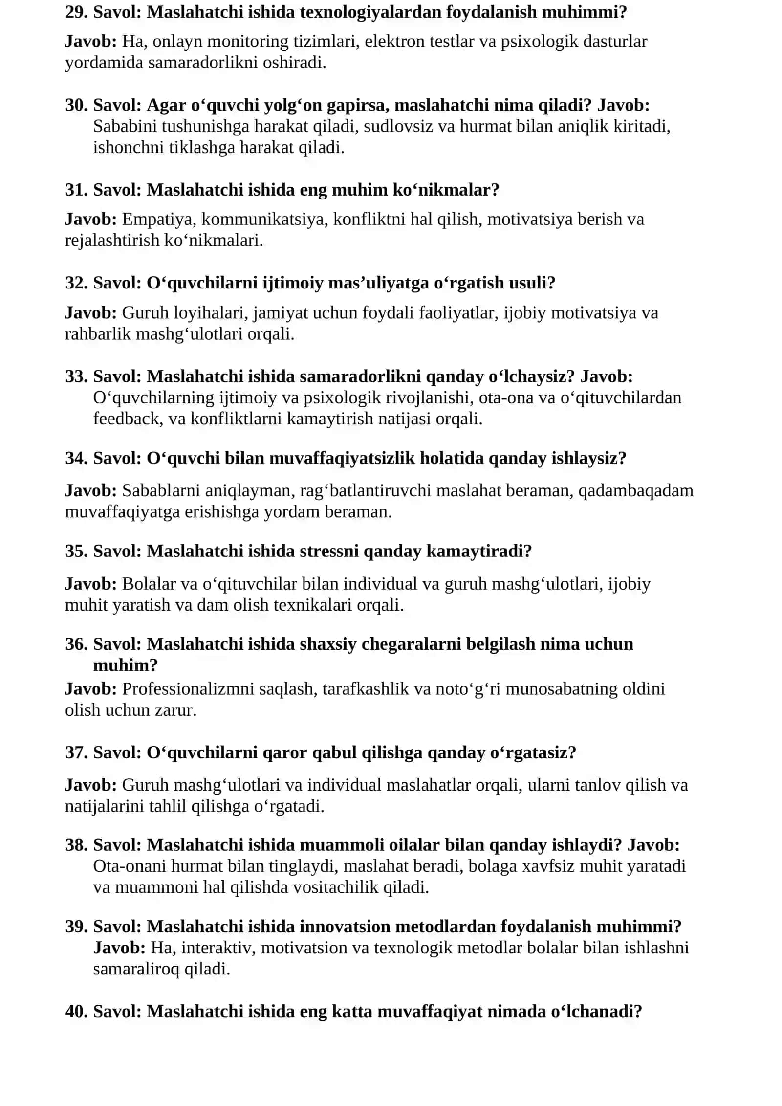 Maktab Maslahatchisi Tayyorlov Testlar va Suhbat Savollari – 2026 4