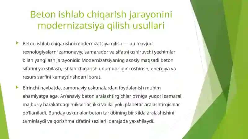 Beton qorishmasini tayyorlash va texnologiyasini modernizatsiya va rekonstruksiya qilish 4