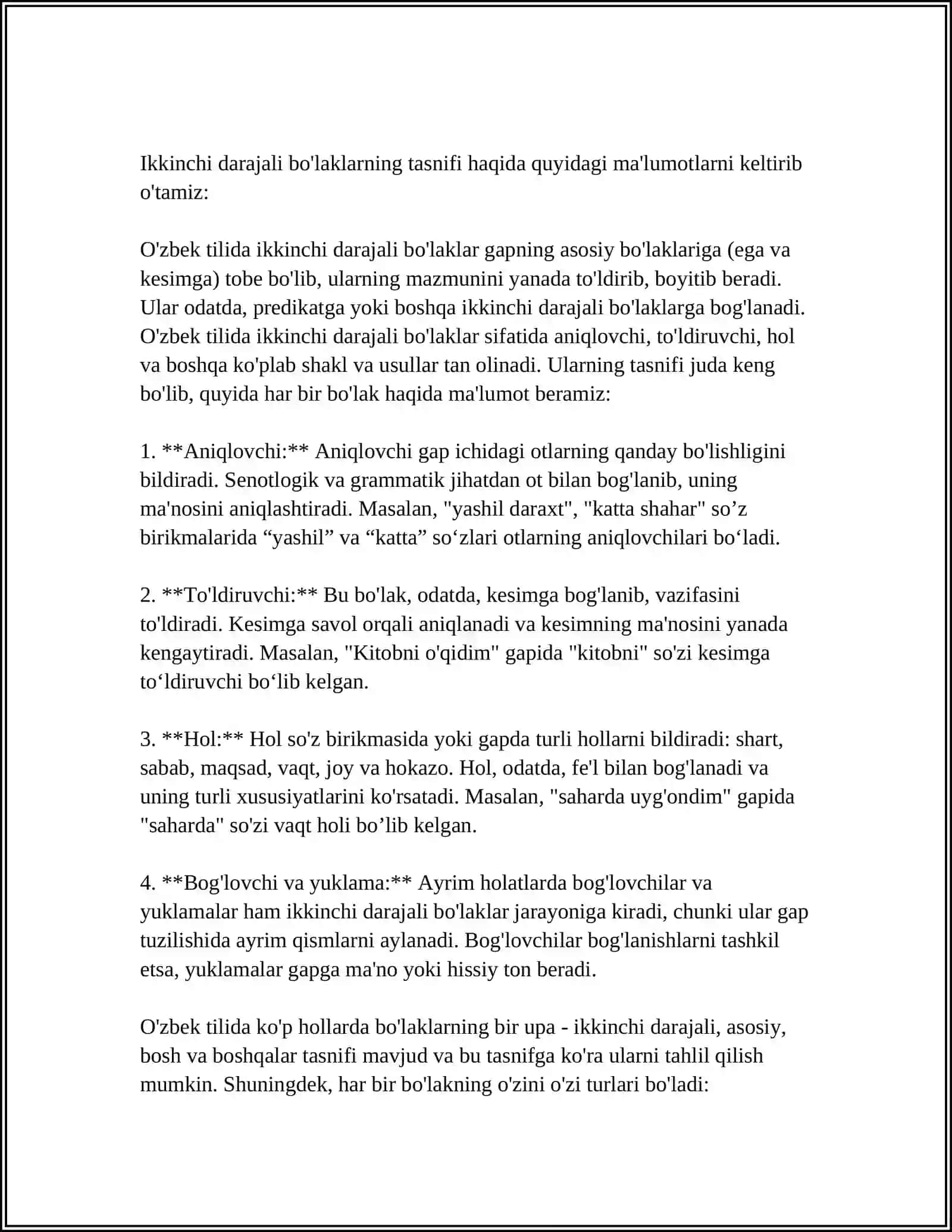 Ikkinchi darajali bo'laklar va ularning xususiyatları 4