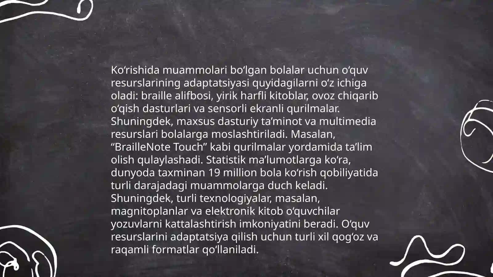 Mavzu: Sensor (eshitishida yoki ko' rishida) kamchiliklarga ega bo'lgan bolalar uchuninklyuziv ta lim strategiyalari va ularni amalga oshirish shart-sharoitlari 4