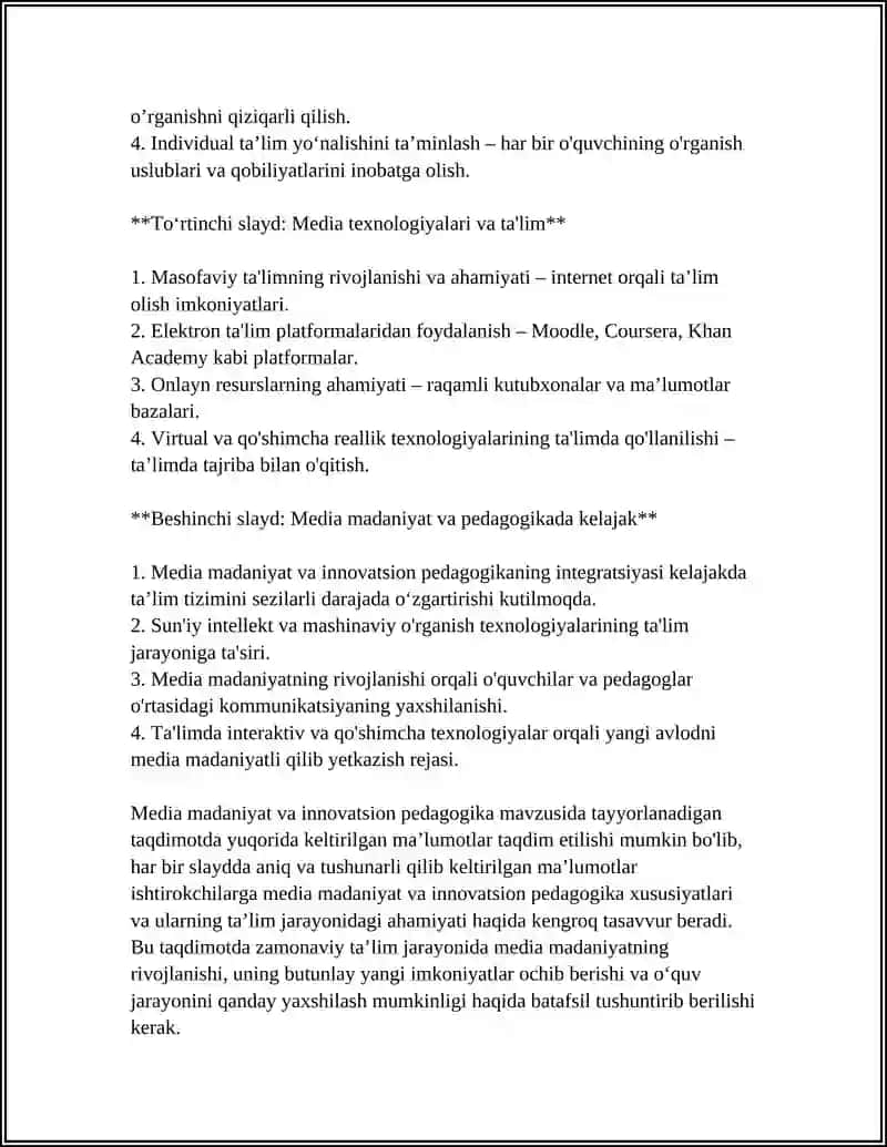 MEDIA MADANIYAT VA INNOVATSION PEDAGOGIKA MAVZUSIDA 5TA SLAYDDAN IBORAT TAQDIMOT TAYYORLA 4