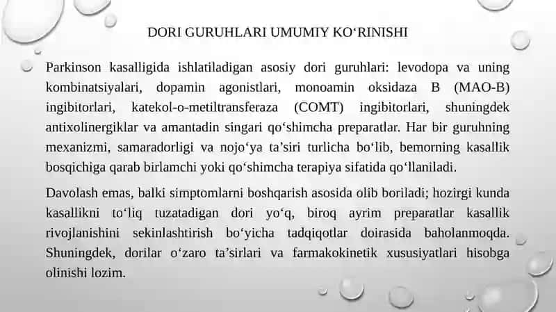 Parkinson kasalligini davolashda ishlatiladigan dori vositalari 4