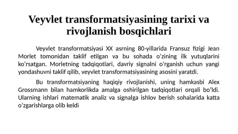 VEYVLET FUNKSIYALAR YORDAMIDA SIGNALN FİLTRLASH VA O‘ZGARTIRISH USULLARINI O‘RGANISH 4