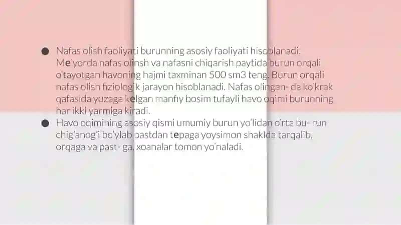 Burun bo’shlig’ini funksiyasi (nafas olish, himoya, ovoz hosil qilish, hid bilish) haqida 4