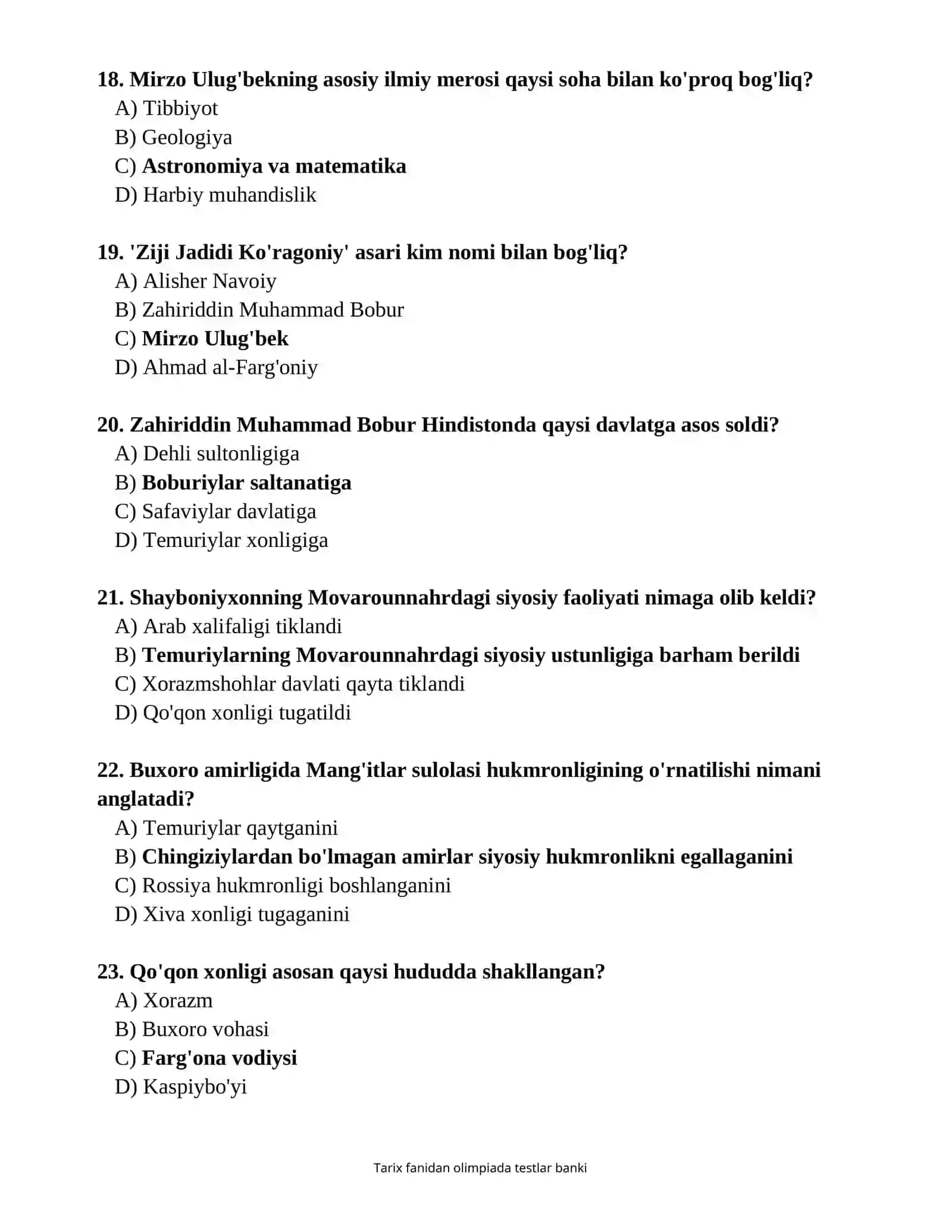 2026/2027-TARIX FANIDAN OLIMPIADAGA TAYYORLANISH UCHUN TESTLAR JAVOBLARI BILAN 4