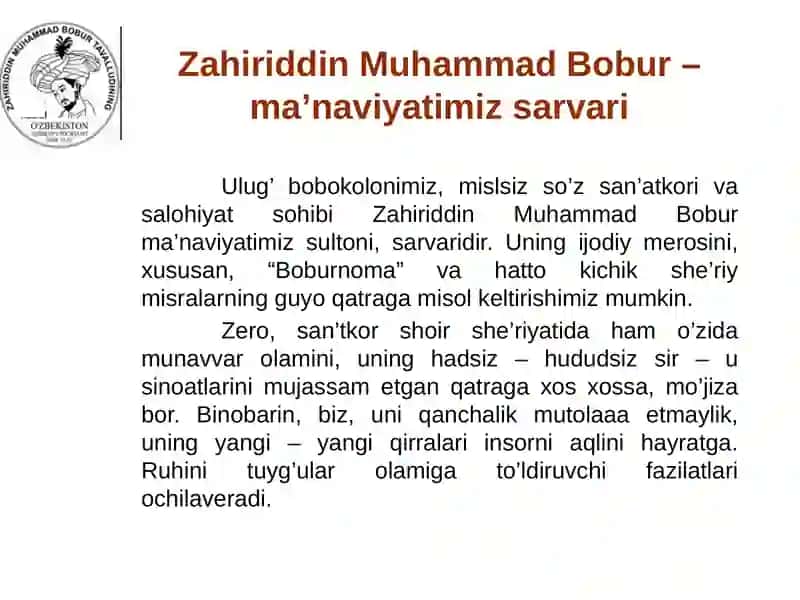 Zahriddin Muhammad Boburning hayoti va ijodi faoliyati 4