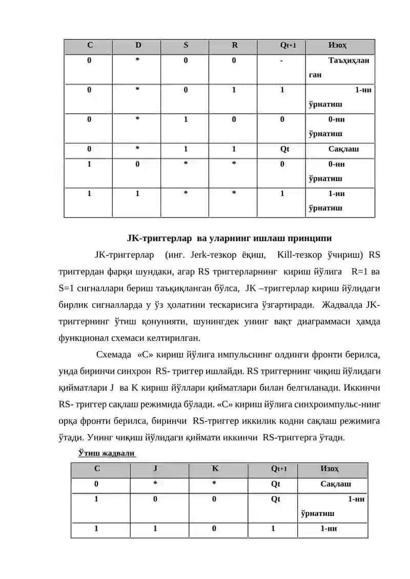 Sinxron va assinxron D va T trigerlar. Ularning tuzilishi va ishlash prinsipi. Universal JK trigerlar. Ularning ikki pog‘onali sxemasi 4