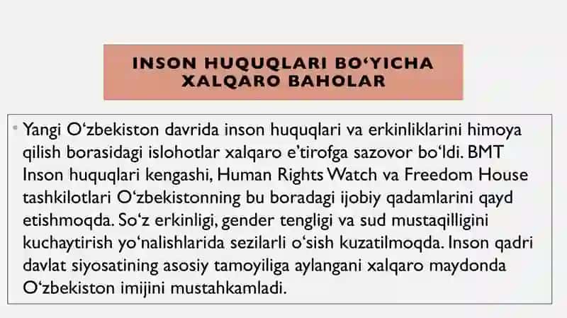 Yangi O‘zbekiston ijtimoiy-siyosiy, iqtisodiy va madaniy hayotida ro‘y berayotgan o‘zgarishlarning 4