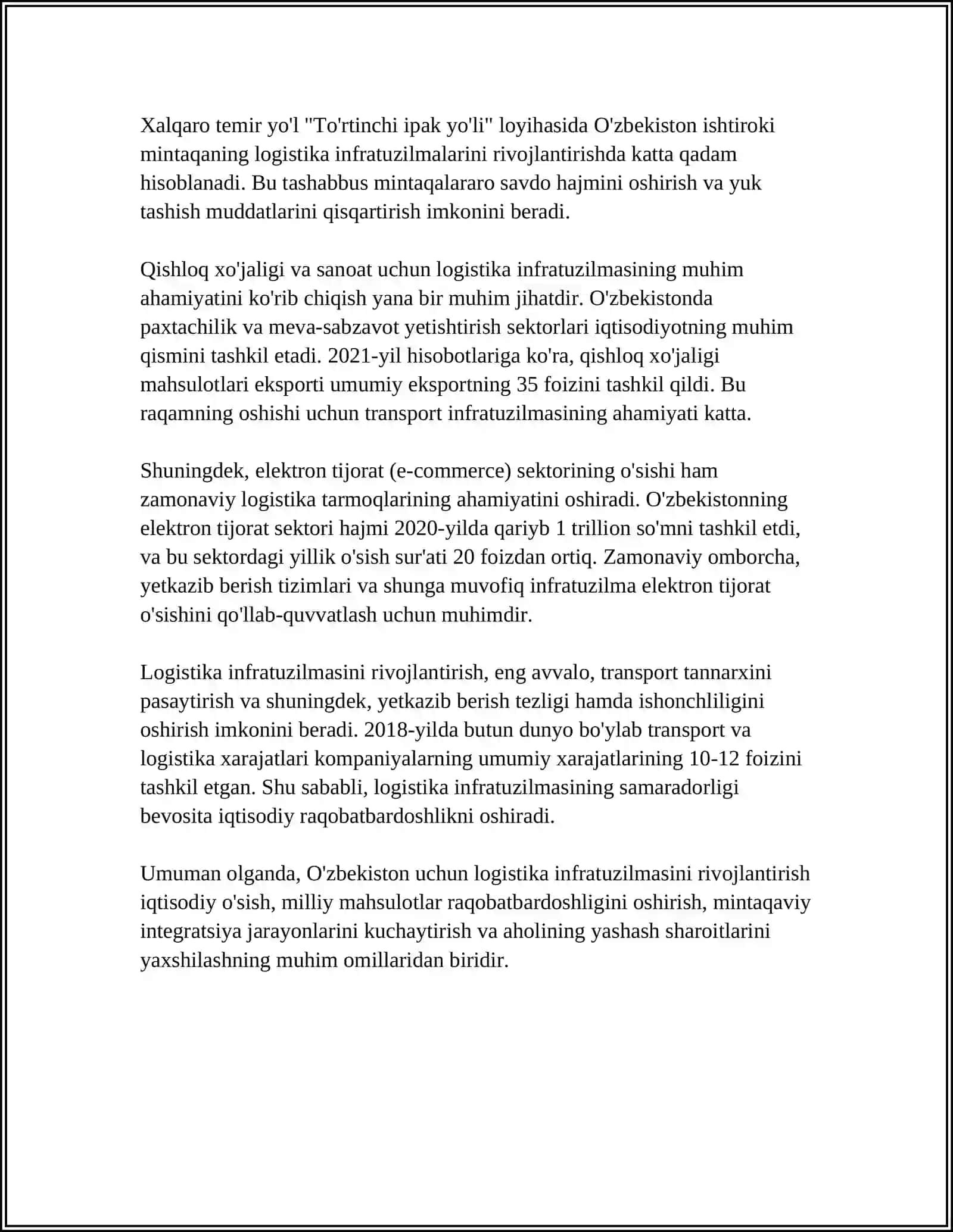LOGISTIK INFRATUZILMALARINI RIVIJLANTIRISHDA INVESTITSION LOYIHALAR 4