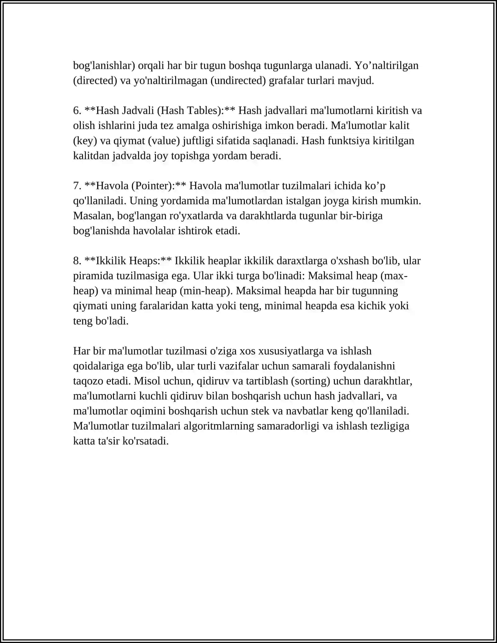 MAʼLUMOTLAR TUZILMASINING UMUMIY KOʼRINISHLARI VA GRAFLARDA ENG QISQA YOʼLNI ANIQLASHNING FORD-BELMANN ALGORTMLARI 4