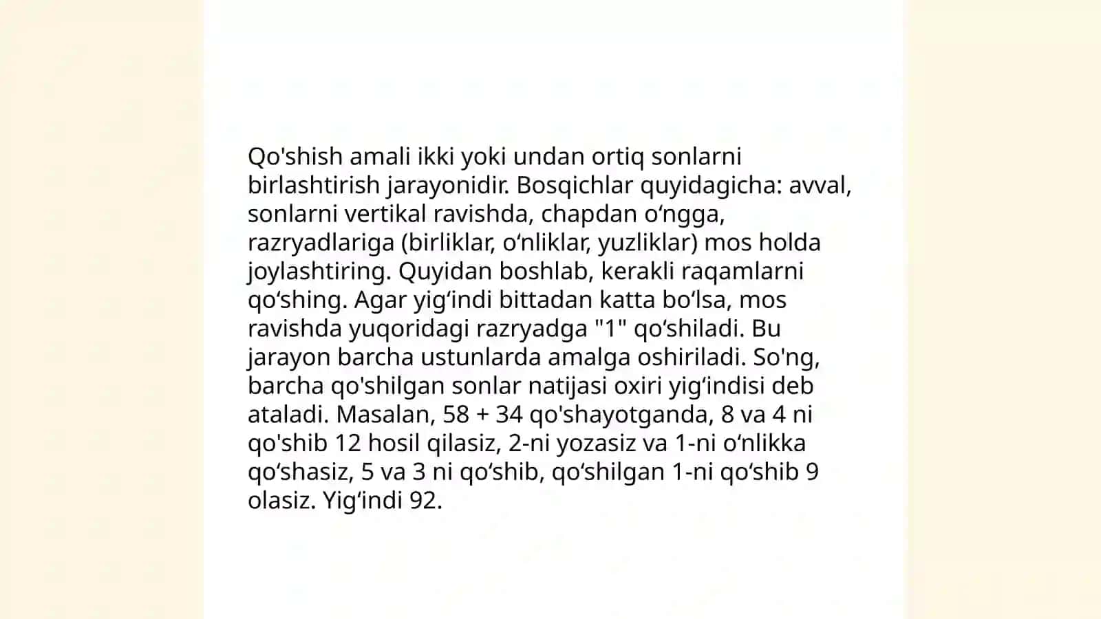 Qo'shish va ayrish, ko'paytirish va bo'lish amali ma'nosini ochib hamda uni bosqichlab konsetrlarda bajarilishini o'rgatish 4