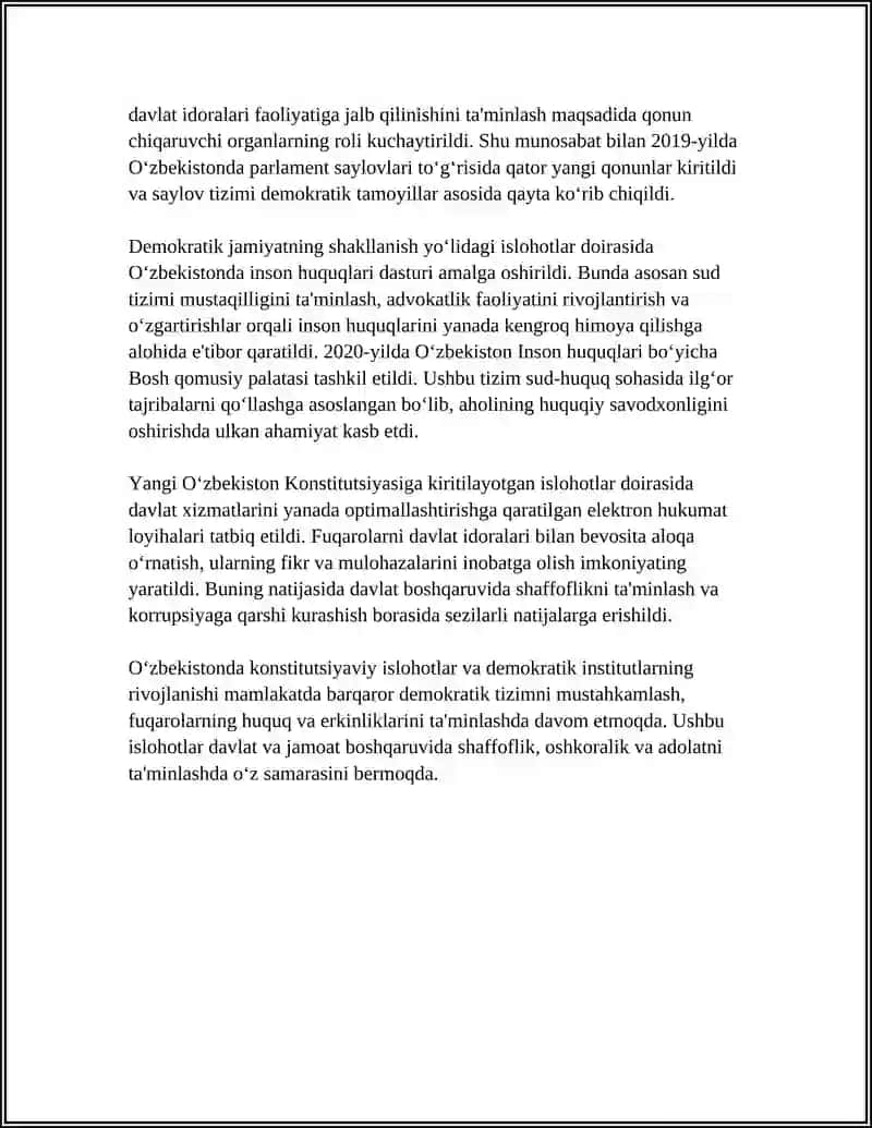 OʻZBEKISTONDA HUQUQIY SIYOSIY ISLOHOTLARNING AMALGA OSHIRILISHI, DEMOKRATIK JAMIYATNI SHAKLLANTIRISH YOʻLIDAGI ISLOHOTLAR 4