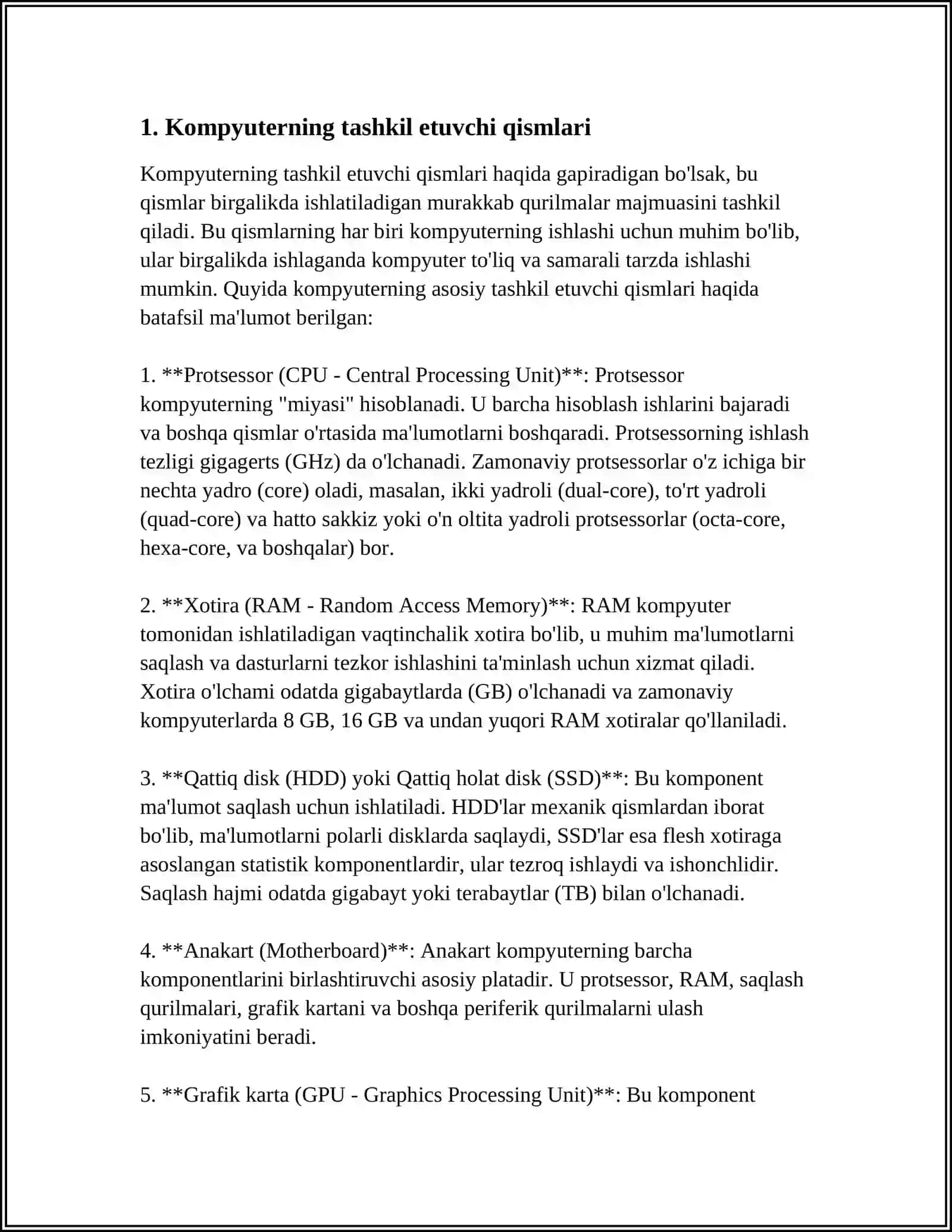 KOMPYUTERLARNING TASHKILIY QISMLARI:ASISIY KO’RSATKICHLARI VA XUSUSIYATLARI KOMPYUTERNING TASHQI QURILMALARI 4