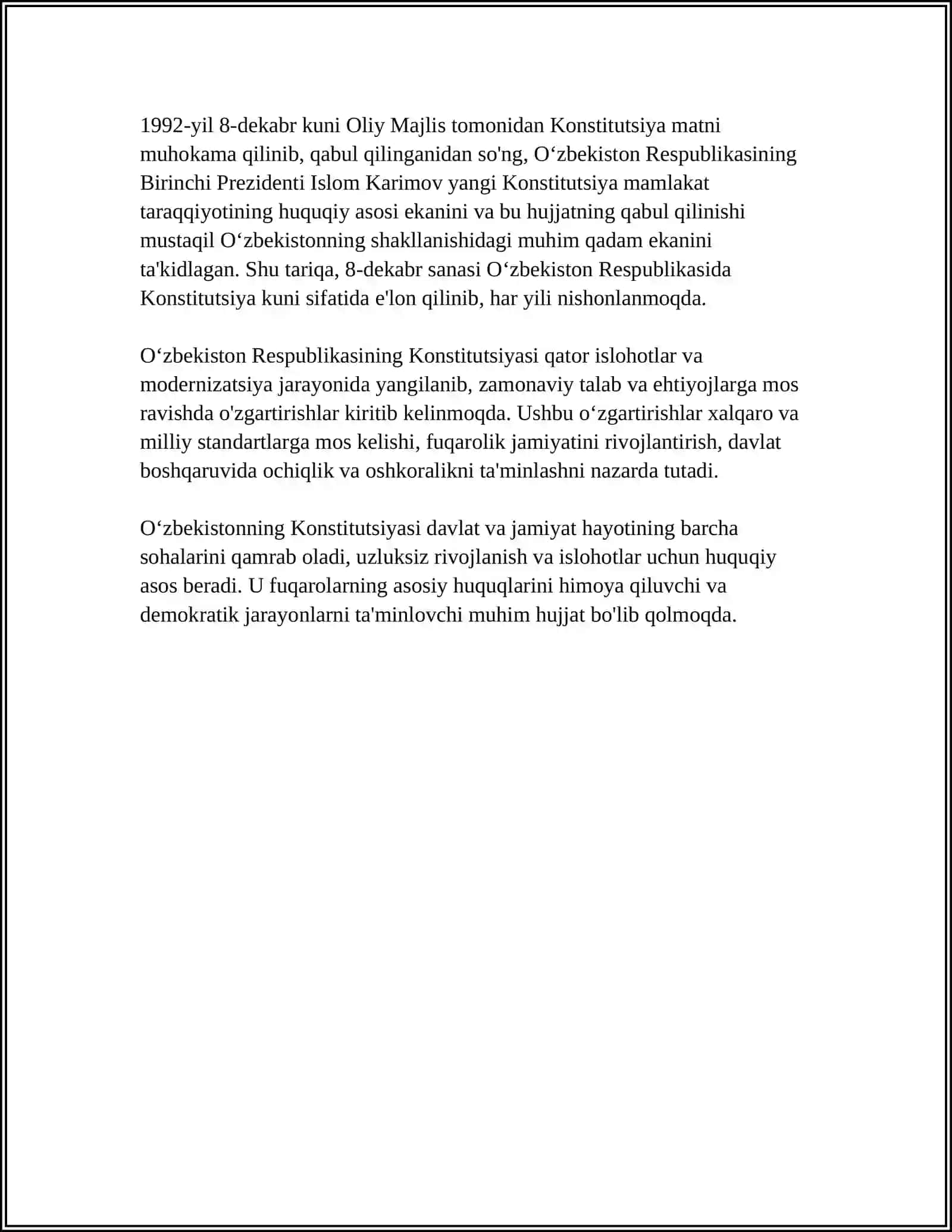 OʻBEKISTON RESPUPLIKASI KONSTITUTSIYASINING QABUL QILINISHI, TARIXIY AHAMIYATI 4
