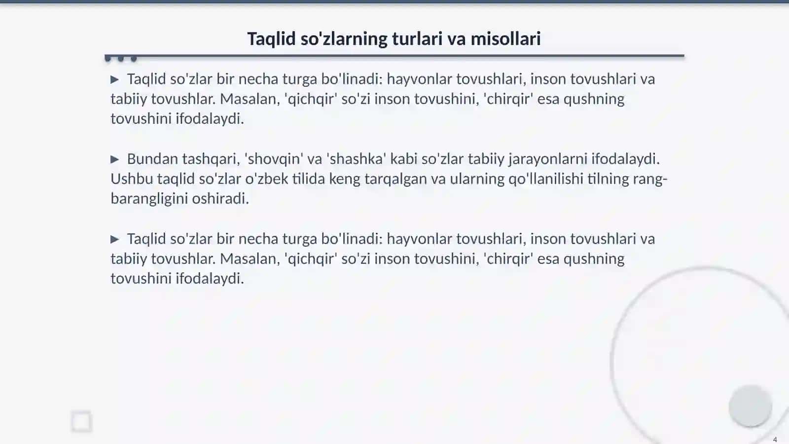 Taqlid so'zlar va ularning turlari. Ularning grammatik xususiyatlari 4