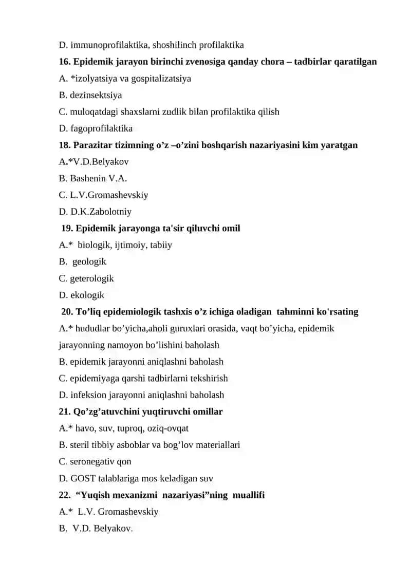 Tibbiyot parazitologiyasi va epidemiologiya asoslari fanidan test, javoblari bilan ( mavzulashtirilgan test) 4