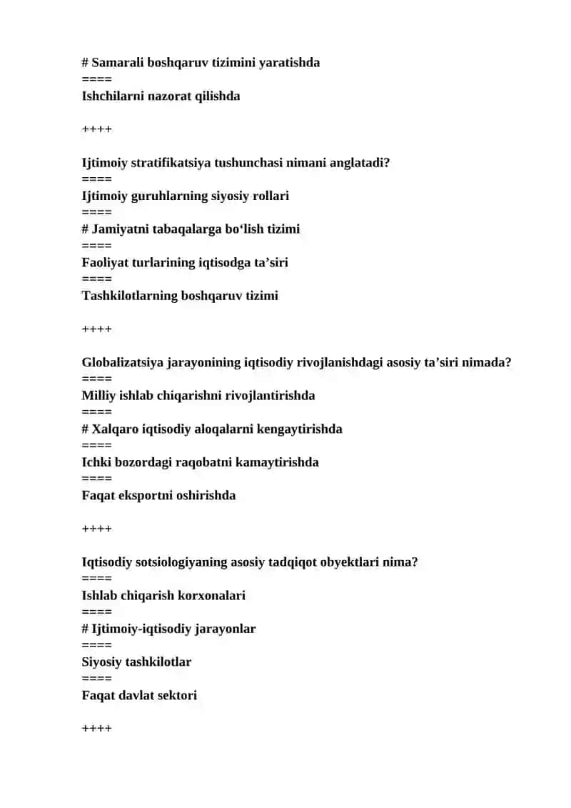 Iqtisodiy sotsiologiya fanidan yakuniy test savollari javoblari bilan 4