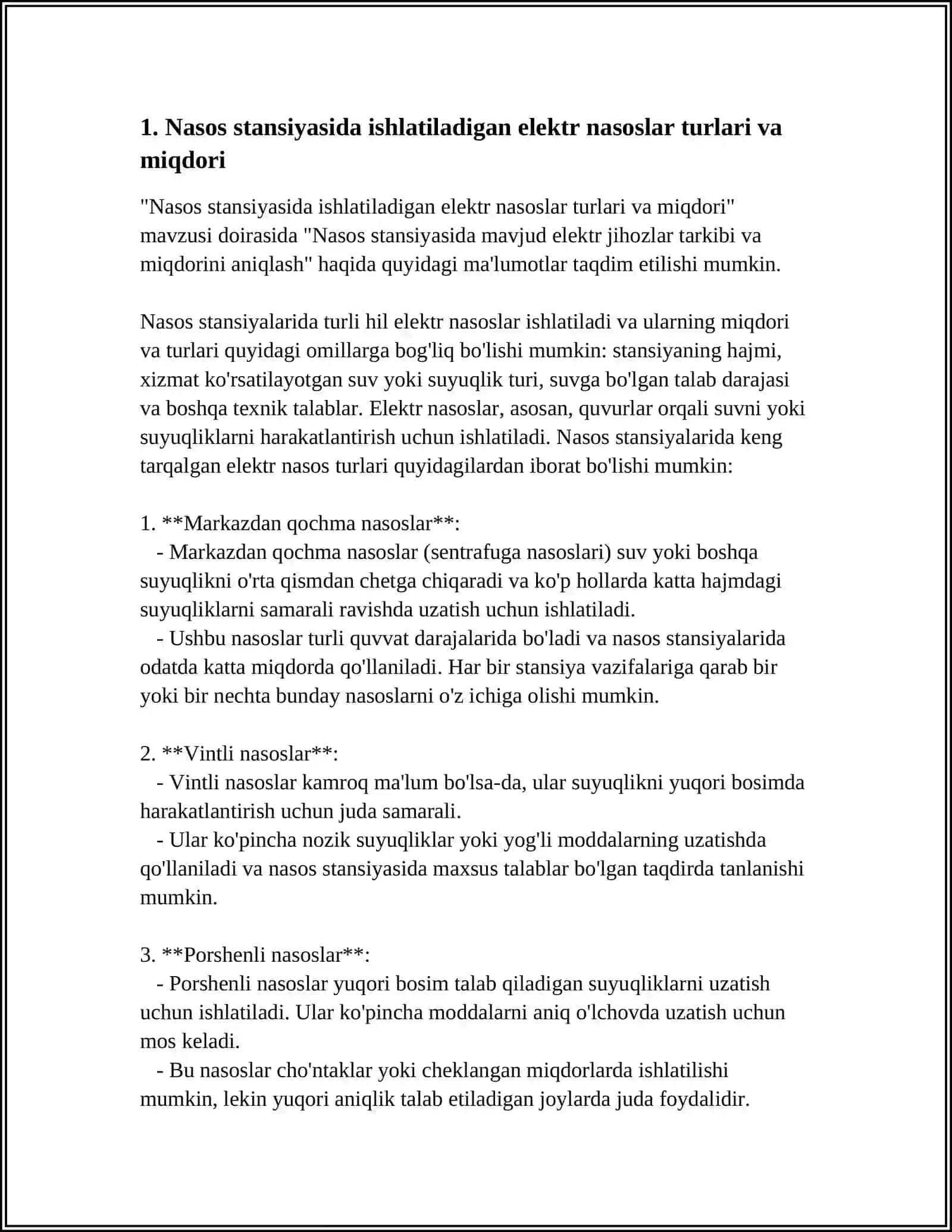 NASOS STANSIYASIDA MAVJUD ELEKTR JIHOZLAR TARKIBI VA MIQDORINI ANIQLASH 4
