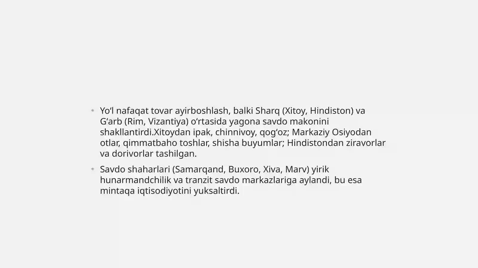 Órta Osiyo xalqlarining Xorijiy mamlakatlar bilan Tarixiy iqtisodiy siyosiy va madaniy munosabatlarİning oʻrnatilishi 4