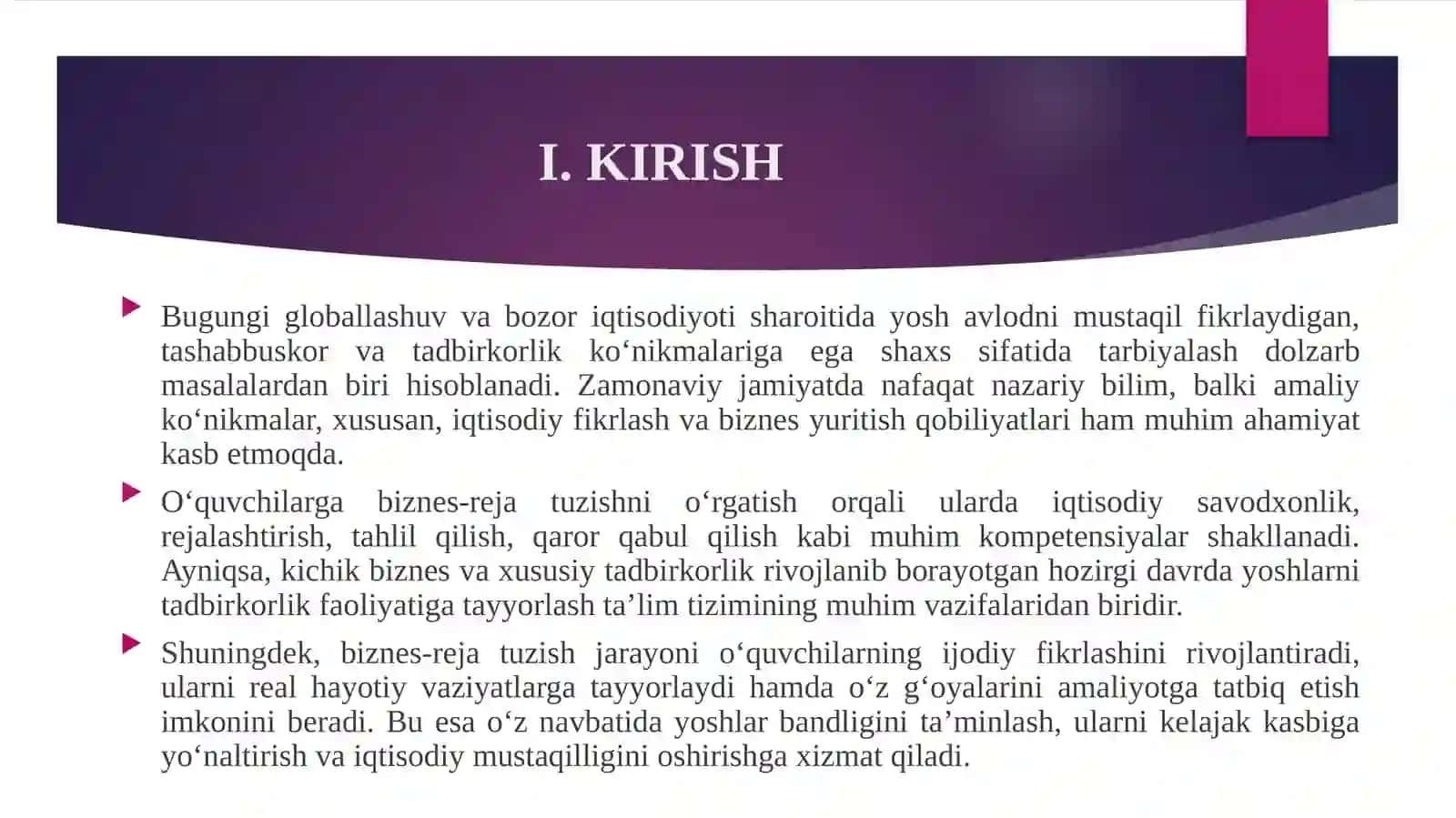 “O'QUVCHILARGA BIZNES REJANI TUZISHNI O'RGATISH YO'LLARI” mavzusidagi elektron malaka ishi TAQDIMOTI 4