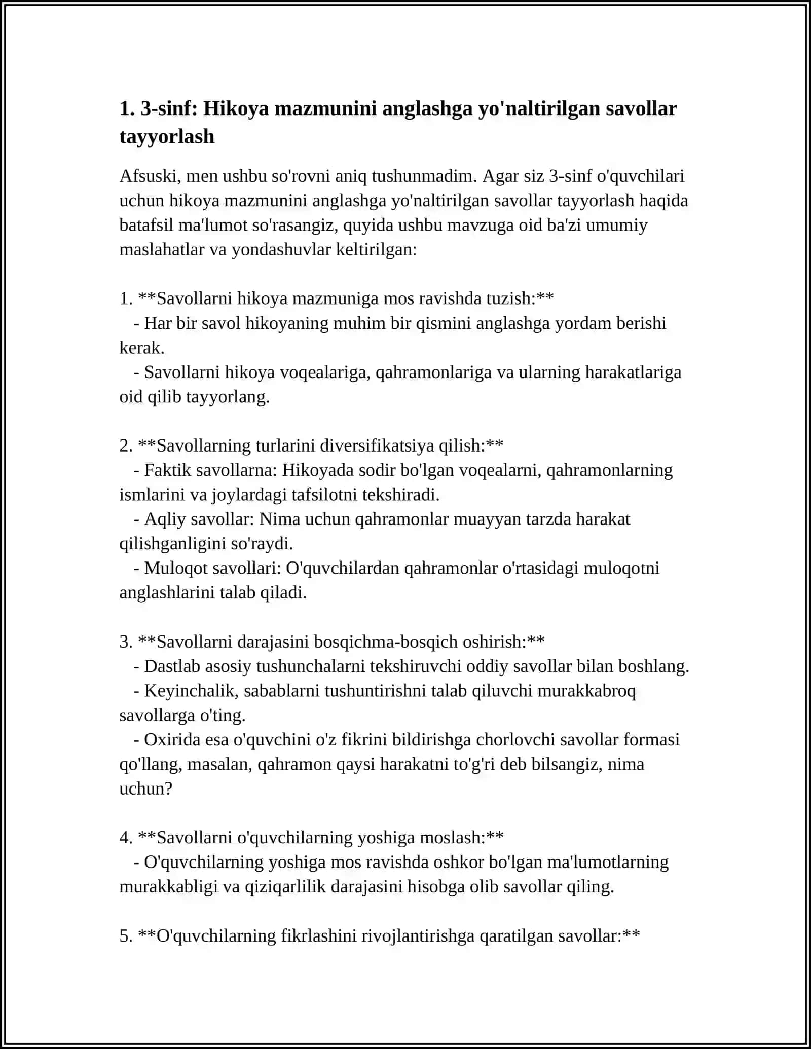 BOSHLANGʻICH SINFLARDA HIKOYA USTIDA ISHLASH BÕYICHA DARS ISHLANMASI 4