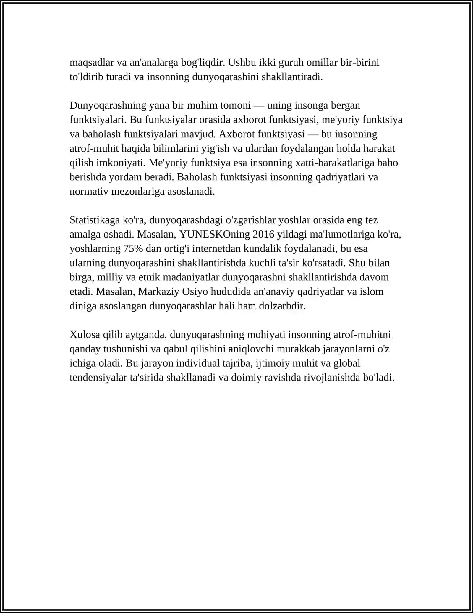 DUNYOQARASHNING MOHIYATI, TUZILISHI VA FUNKSIYALARI MAVZUSIDA ESSE TAYYORLASH 4