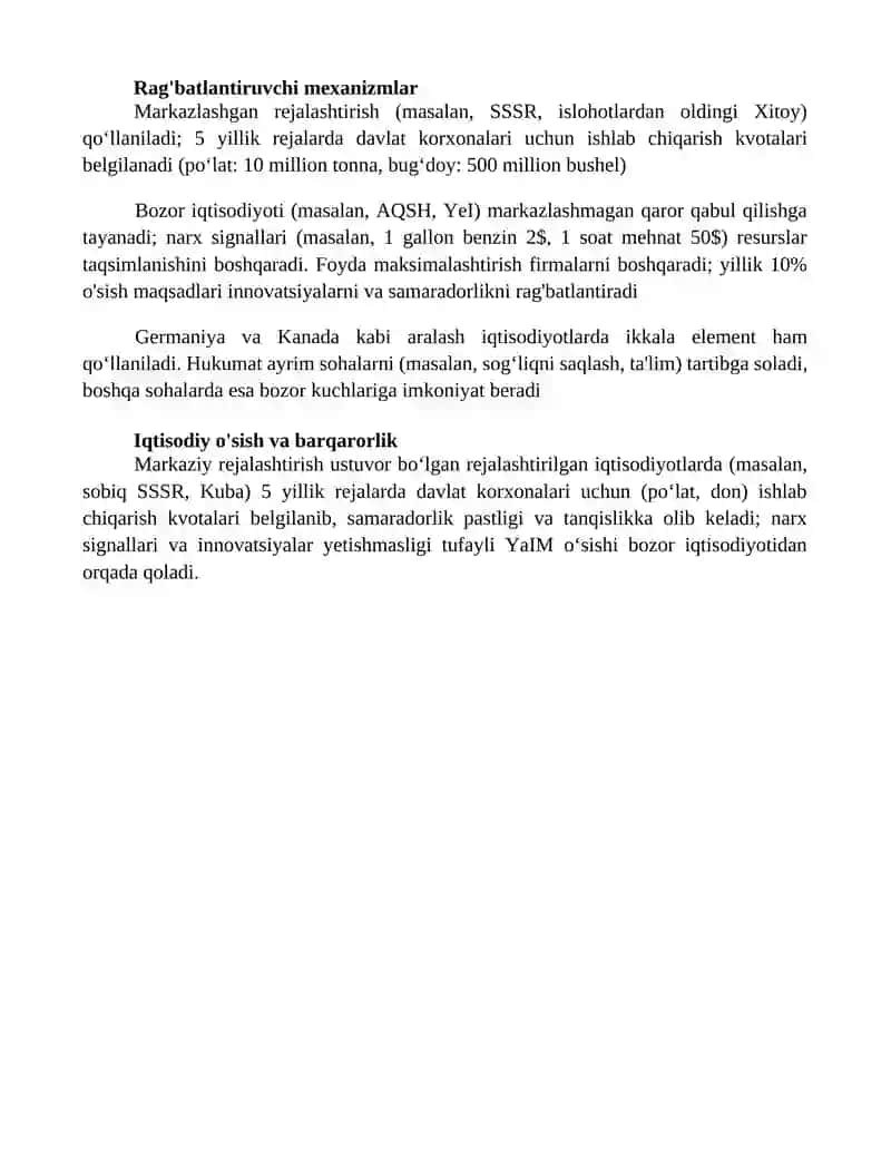 Buyruqbozlik va bozor iqtisodiyotlarining farqli xususiyatlari tahlili 4