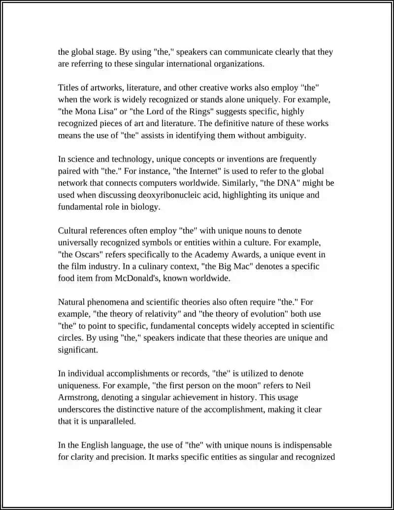 Uses of the definite article "the" for unique nouns 4