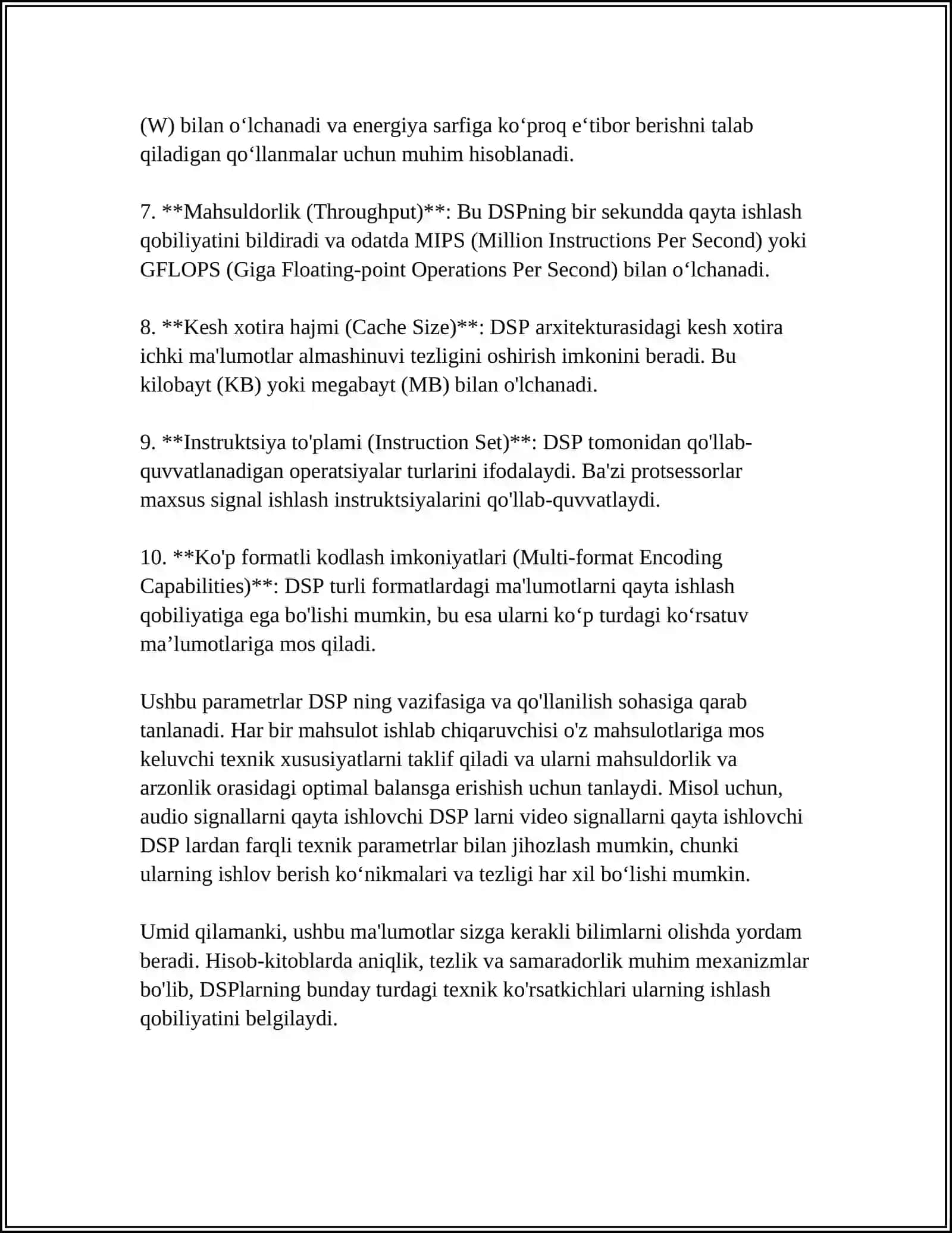 SIGNAL PROTSESSORLAR KO’RISATKICHLARI TEXNIK PARAMETRLARI VA ARXITEKTURASINIO’RGANISH VA TAHLIL QILISH 4